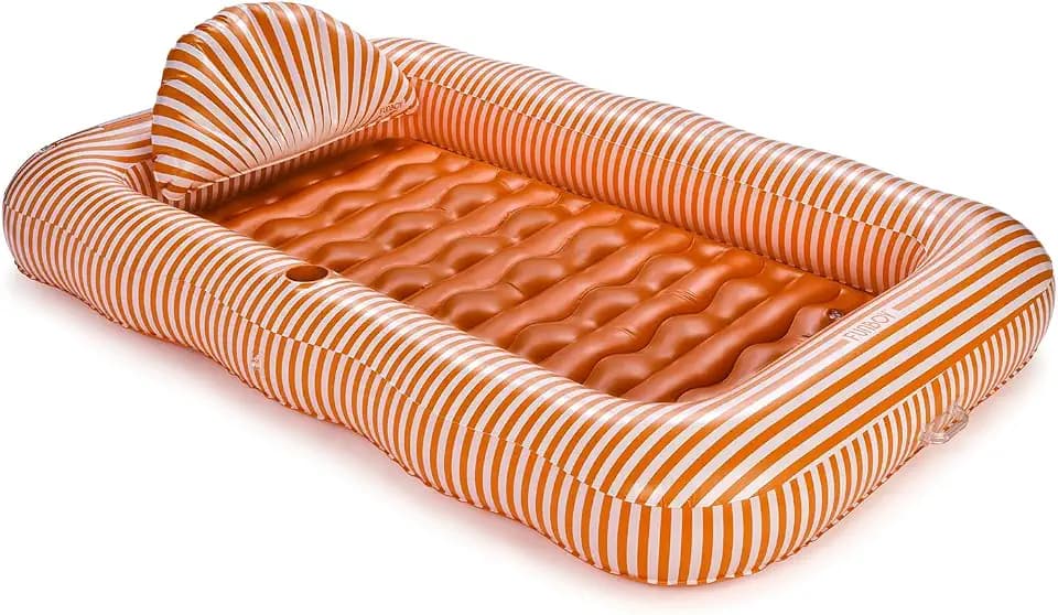 FUNBOY Orange Striped Tanning Pool Lounger with Pillow & Cup Holder