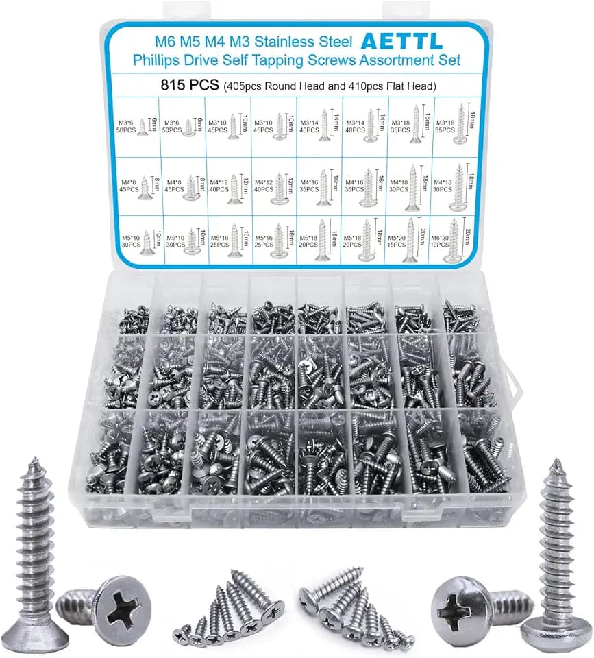 815 Stück M6 M5 M4 M3 Edelstahl Selbstschneidende Schrauben Set Sortiment, Metrisch Selbstbohrende Holzschrauben mit Senkkopf Linsenkopf Flachkopf Kreuz für Holz Trockenbau Blech Beton
