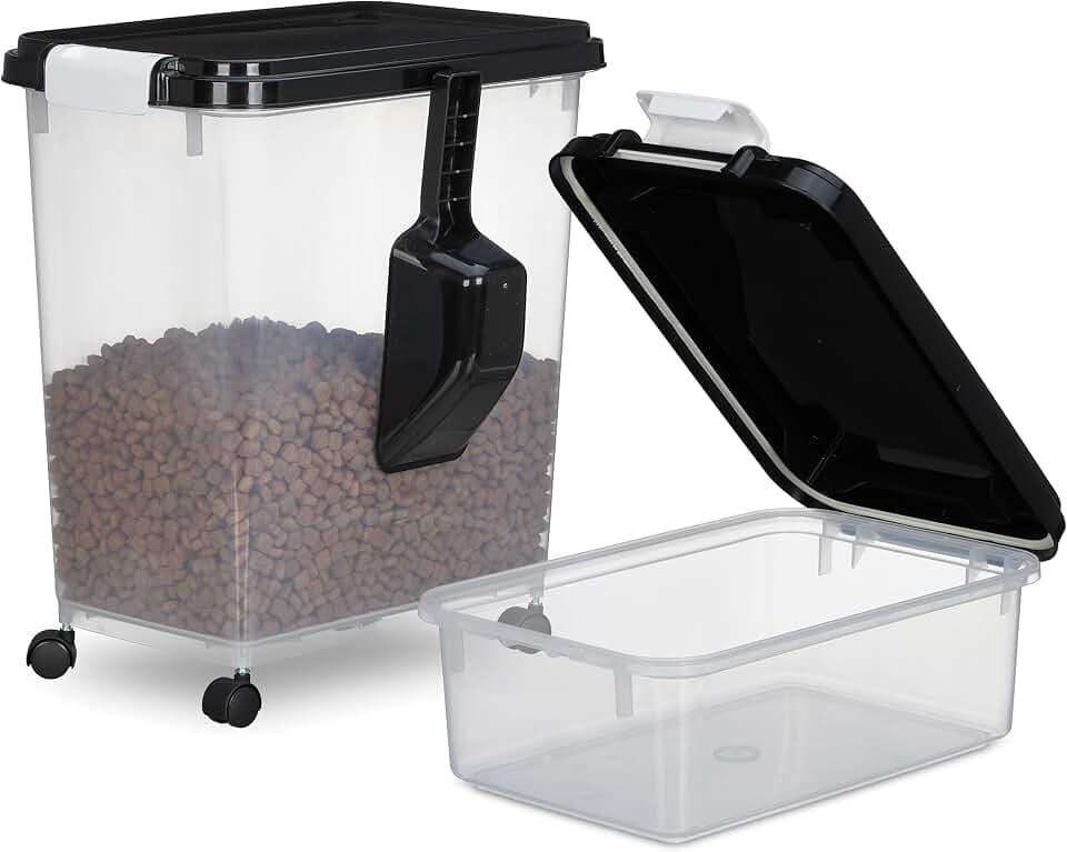Relaxdays Hundefutter Aufbewahrungsbox 2er Set, 10L und 30L, Deckel, Rollen, Schaufel, Futterbox, transparent/schwarz