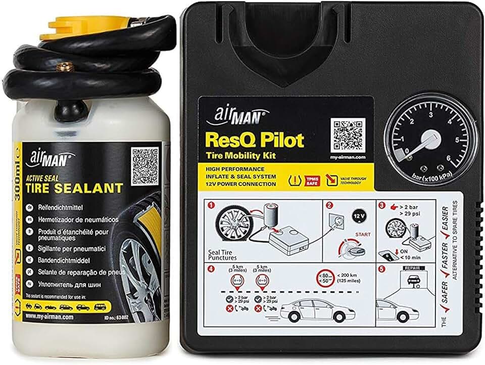 AirMan ResQ Pilot - Reifenreparatursatz am Straßenrand. Sichere und schnelle Notfall-Pannenbehebung mit Pumpe in Reifendichtmittel leistungsstarkem Luftkompressor für alle Autos und Motorräder