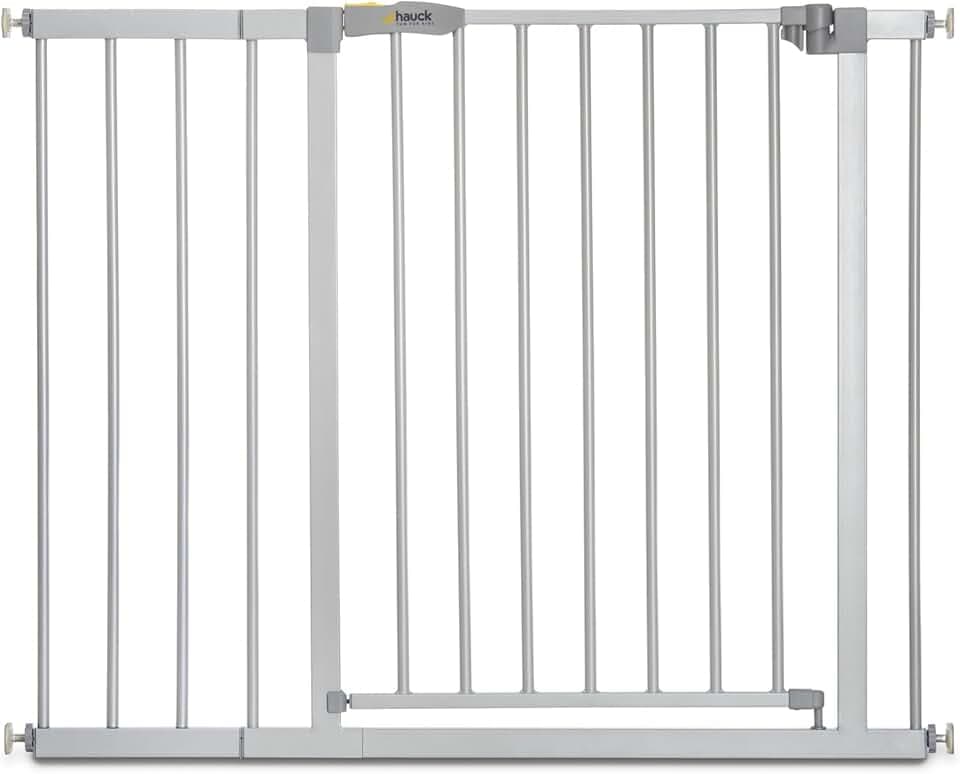 hauck Stop N Stop 2, Silber – Schutzgitter Treppe und Tür 96–101 cm – Kindersicheres Absperrgitter ohne Bohren – Manuelle 1 Hand Öffnung – nur für Innen - Auch für Hunde