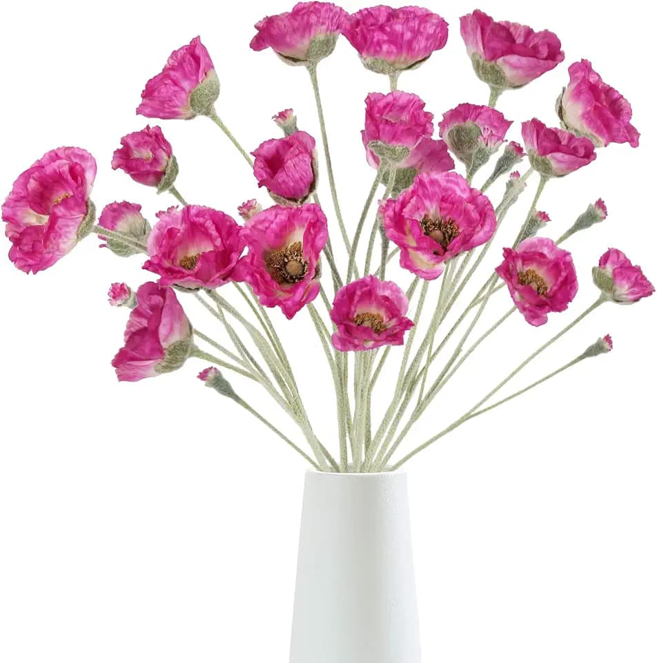 6PCS Fuchsia Poppy Flowers Artificial 30 Heads Faux Poppy Flowers 26.77in Silk Flowers with Long Flocking Stems for Wedding Party Home Office Decoration(Fuchsia)