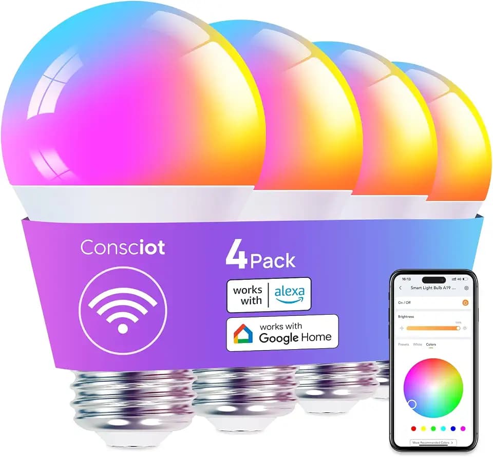 Consciot Smart LED Light Bulb, 60W Equivalent, Music Sync, Dimmable, 4 Pack