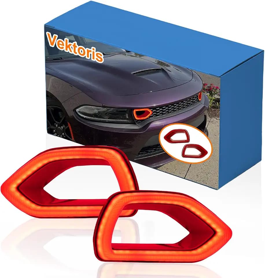Front Bumper LED Grille Lights for 2015-2022 Dodge Charger SRT/Scat Pack Pig Nose Switchback Grille Lamps Fog with Red LED Daytime Running Light DRL & Turn Signal (Red Lens)