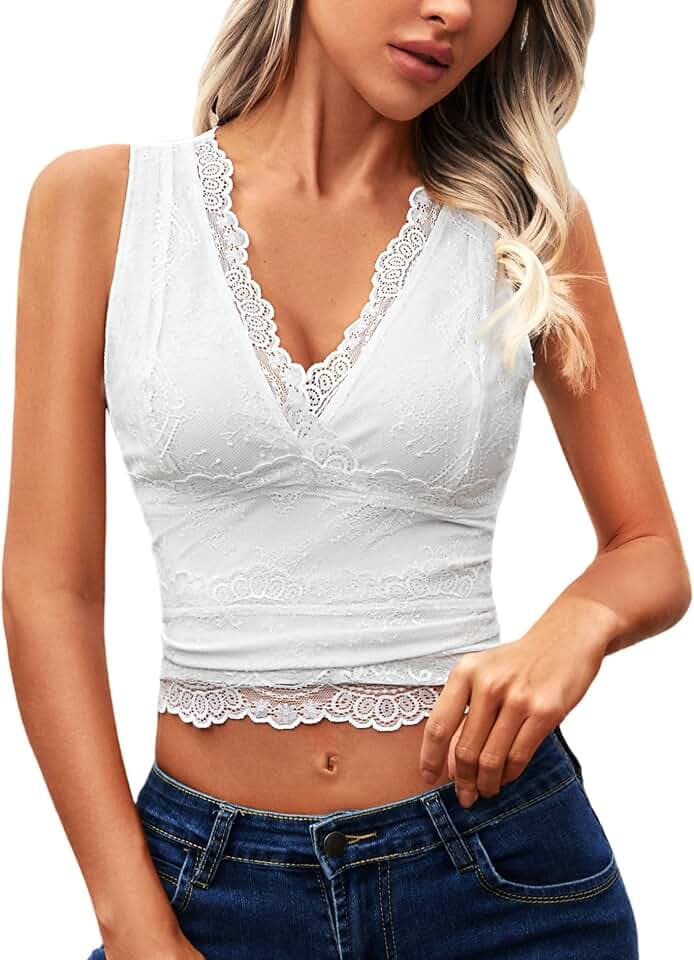 Damen Spitze Crop Top - Basic Figurbetonte V-Ausschnitt Y2K Atmungsaktiv
