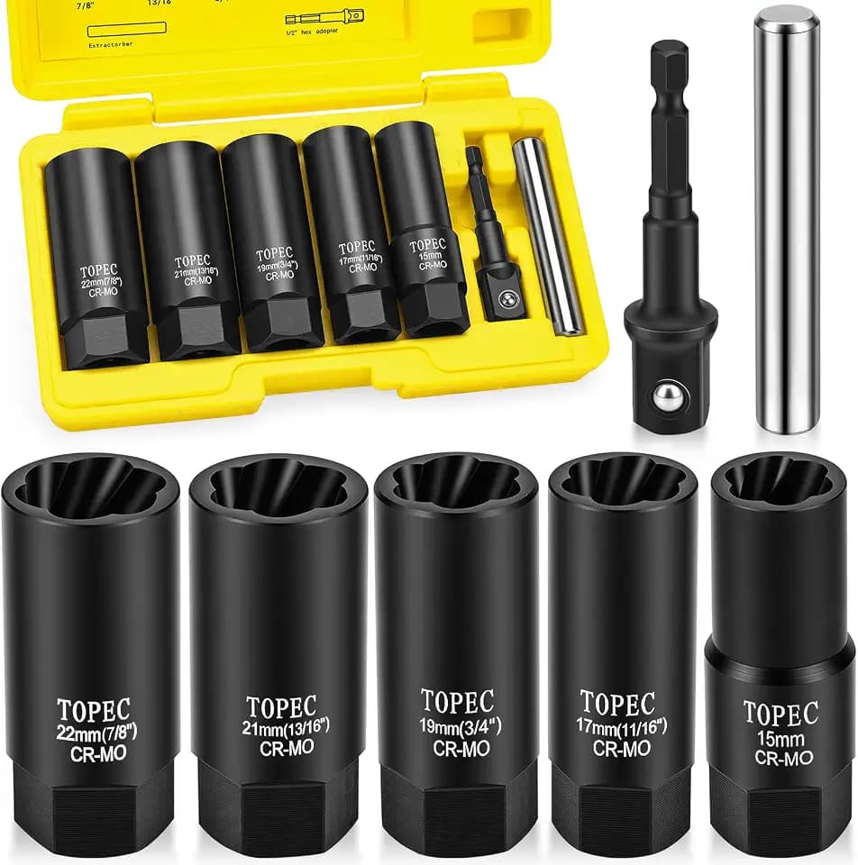 Topec Locking Lug Nut Removal Tool, 7-Piece Wheel Lock Removal Kit | 15,17,19,21,22MM Deep Lug Nut Extractor, 1/2" Drive Stripped Bolt Remover Socket Set
