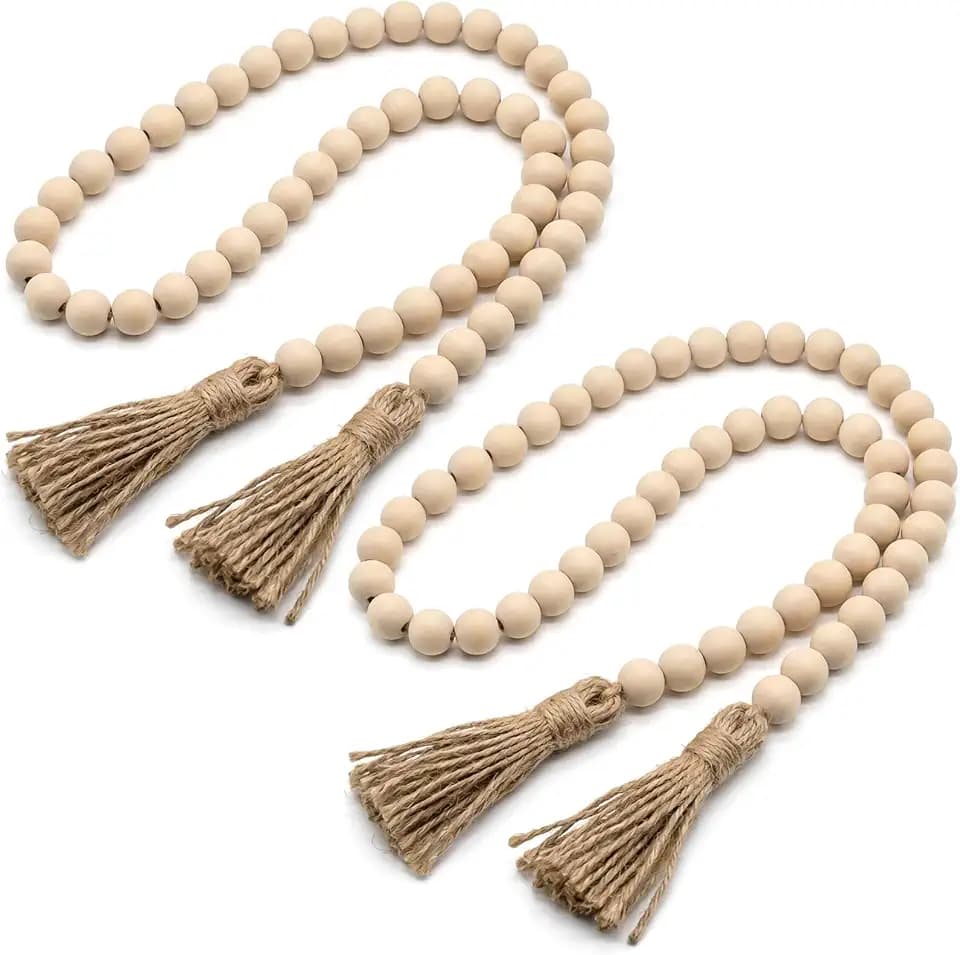 RAINFLOW 2 Pack Wood Bead Garland with Tassels - 50 Inches Wooden Beads