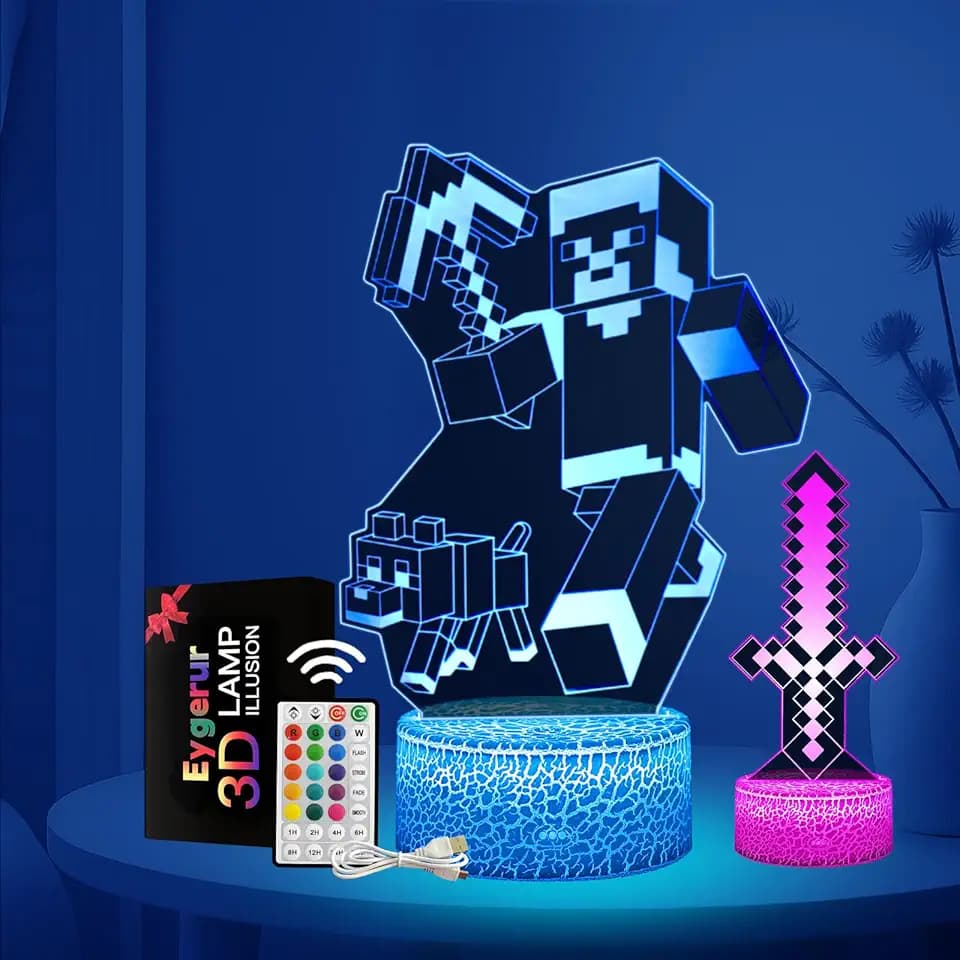 Minec Nachtlicht für Kinder ab 2 3 4 5 6 7+ Jahre 2 Stück für Jungen und Mädchen, 3D LED Nachttischlampe, 16 Farbwechsel mit Fernbedienung