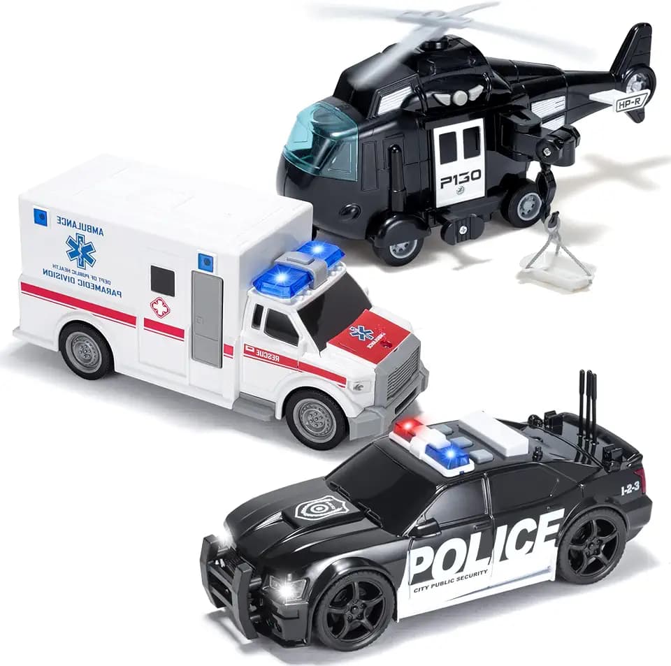 JOYIN Truck Toys for 3 4 5 6 7 Year Old Boys - Police Car Toy Set, Emergency Vehicle Playset, Friction Powered Car with Lights and Sounds, Birthday Gifts for Boys Girls Age 3-9