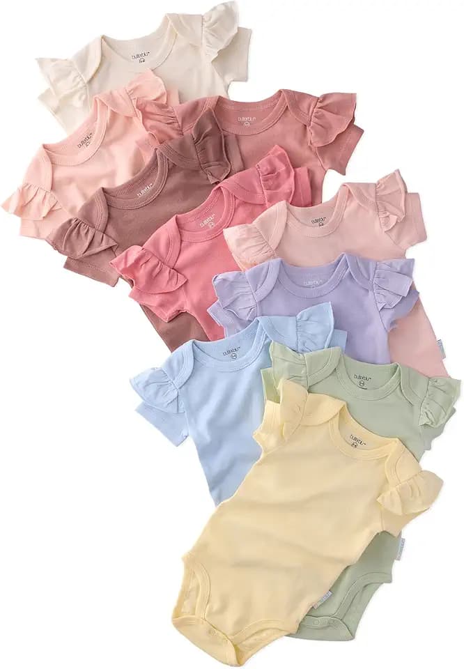 Butterblu Rory 10-Pack Short Sleeve Ruffle Shoulder Bodysuits 100% Organic Cotton for Baby Girls