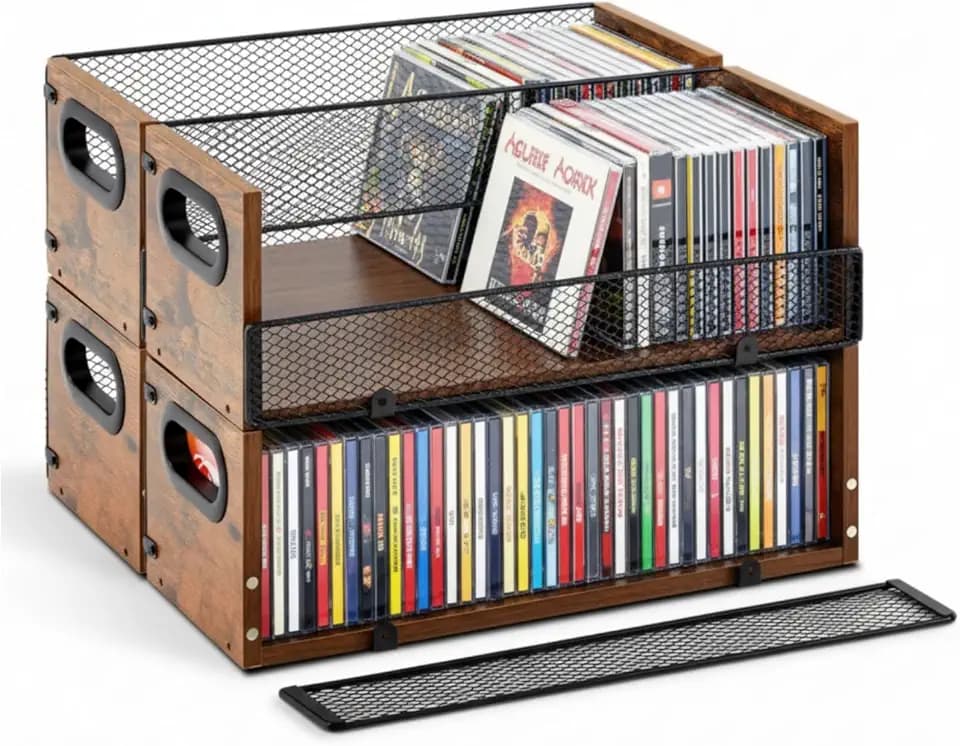 Geelin 4 Pcs Wooden CD Storage Box with Metal Mesh Door, Retro Holder
