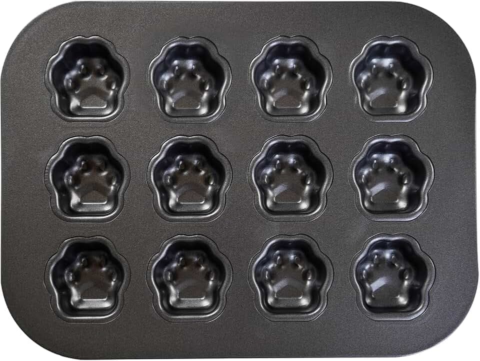 12 Cup Mini Dog Cat Paw Print Shaped Madeleine Baking Pan Nonstick Frozen Puppy Treat Cookie Biscuit Cupcake Muffin Cake Ice Cube Popsicle Chocolate Tin Tray Mold Maker for Freezer Oven