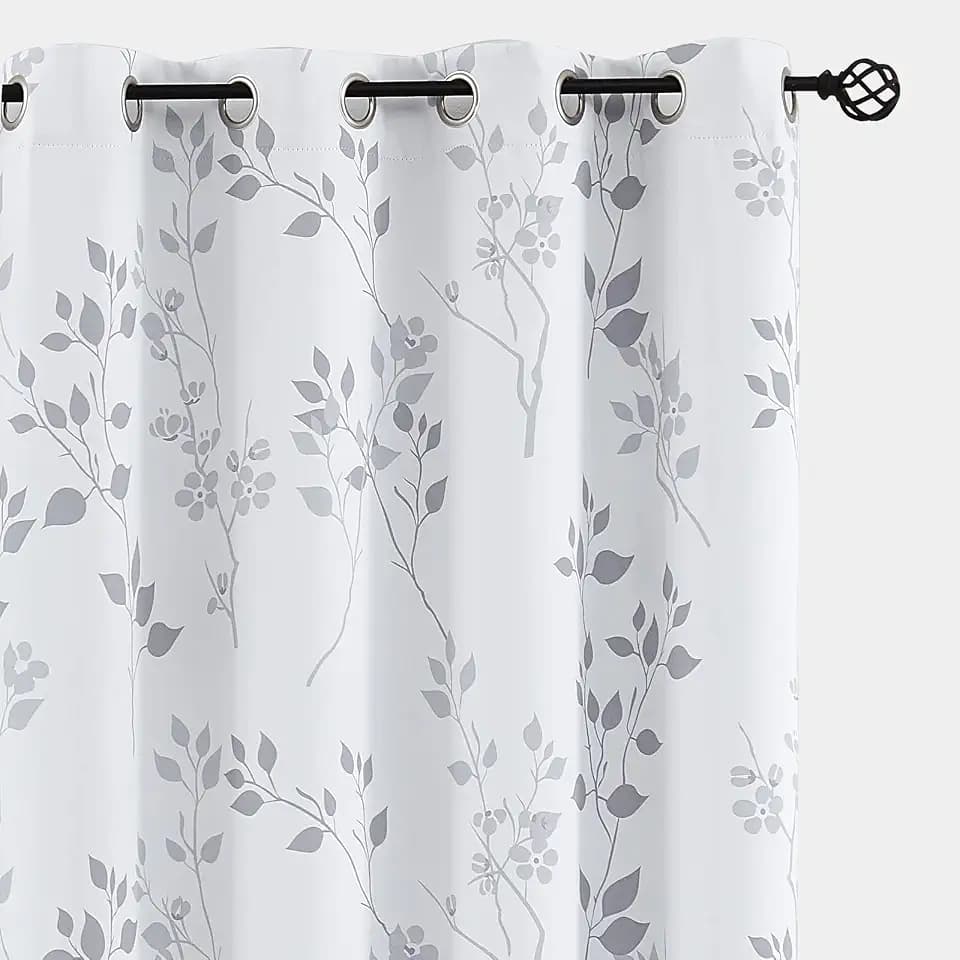 Beauoop Grau Blickdicht Vorhänge Blätter Blumen Muster Vintage Vorhänge mit Ösen Botanisch Themovorhang Verdunkelungsvorhänge für Bauernhaus Wohnzimmer Schlafzimmer 2er Set, 132 x 175 cm (HxB)
