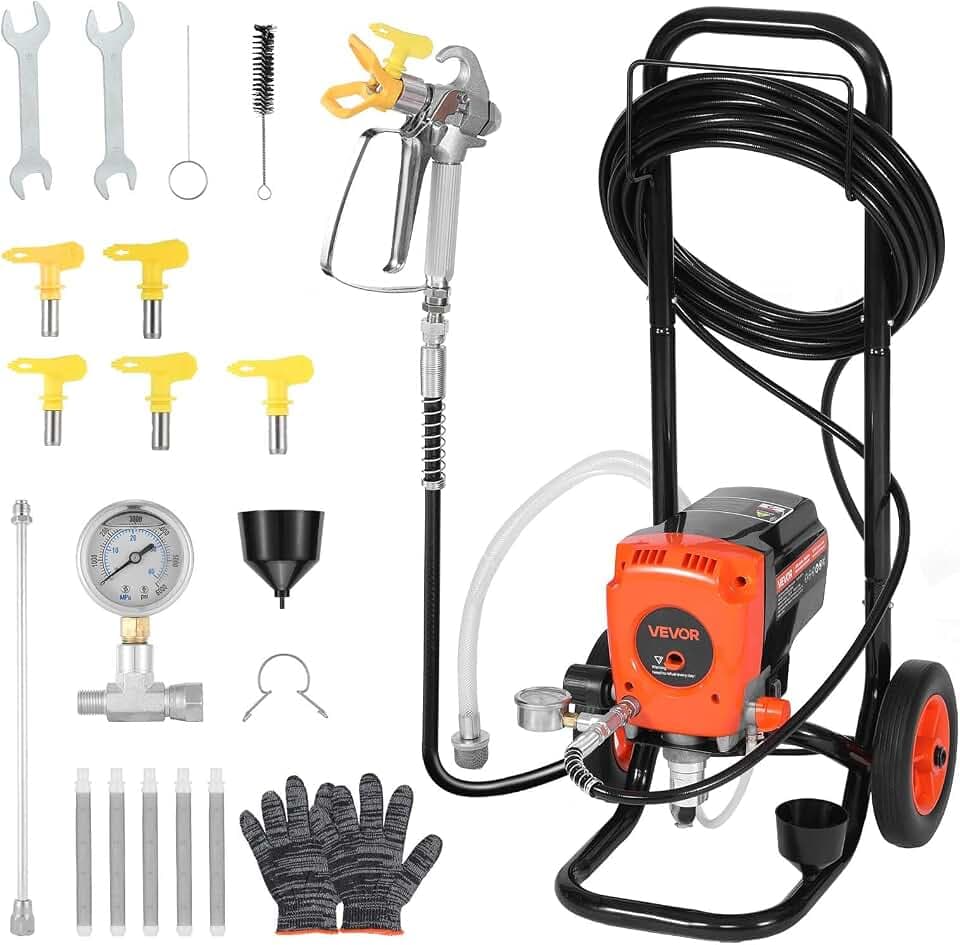 VEVOR Stand Airless Paint Sprayer, 900W, 3300PSI High Pressure Airless Sprayer with Cart, Cleaning Brush, Hose, Extension Rod, Nozzles, Electric Spray Paint Machine for Interior or Exterior of House