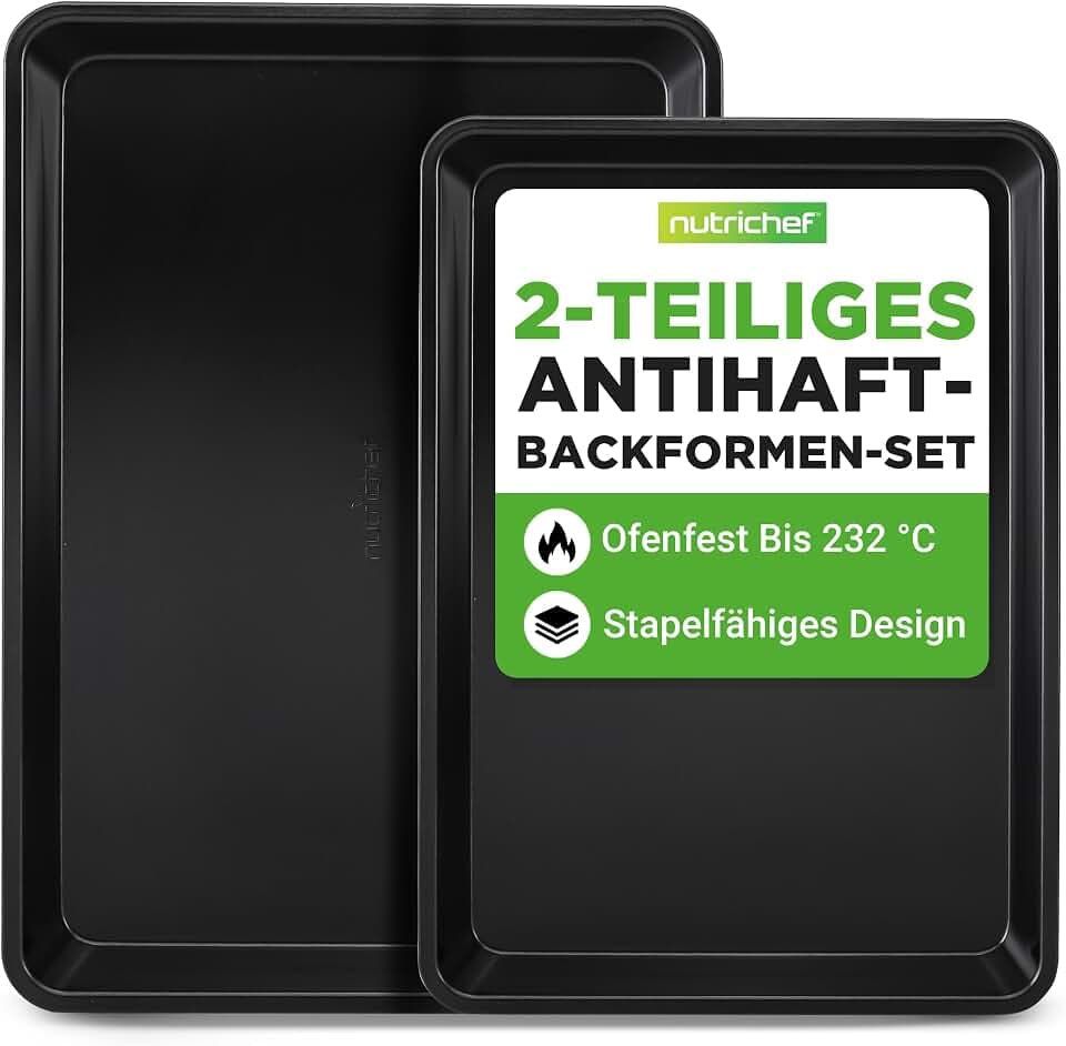 Nutrichef Backblech, Ofenblech, Backofenblech- 2-teiliges Set, 40x29cm & 34x24cm Baking Tray, Antihaftbeschichtete Ofenbleche für Backofen aus Karbonstahl, Stapelbar & Leicht zu reinigen, Schwarz