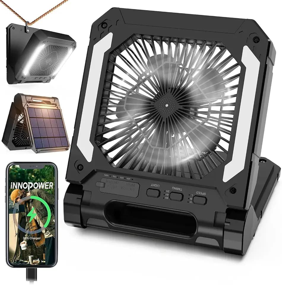 Portable Fan, Rechargeable Camping Fan with Solar Panel, 3 Speeds
