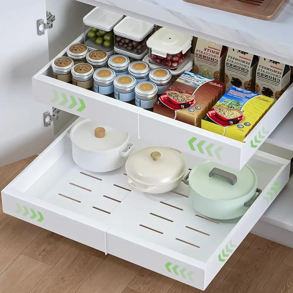 2 Stück Teleskopschublade, 32-52cm Verstellbare Breite Ausziehbare Schubladen, Ausziehbarer Schrank-Organizer mit Schienensystem, Vielfältiger Küchenschrank Auszug für Organizer (Weiß, 2PC)
