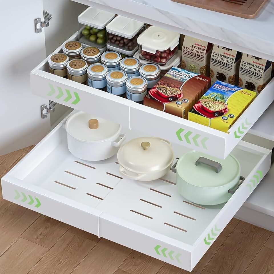 Teleskopschublade, Ausziehbarer Schrank-Organizer mit Schienensystem, 32-52cm Verstellbare Breite Ausziehbare Schubladen, Vielfältiger Küchenschrank Auszug für Organizer (Weiß, 1PC)
