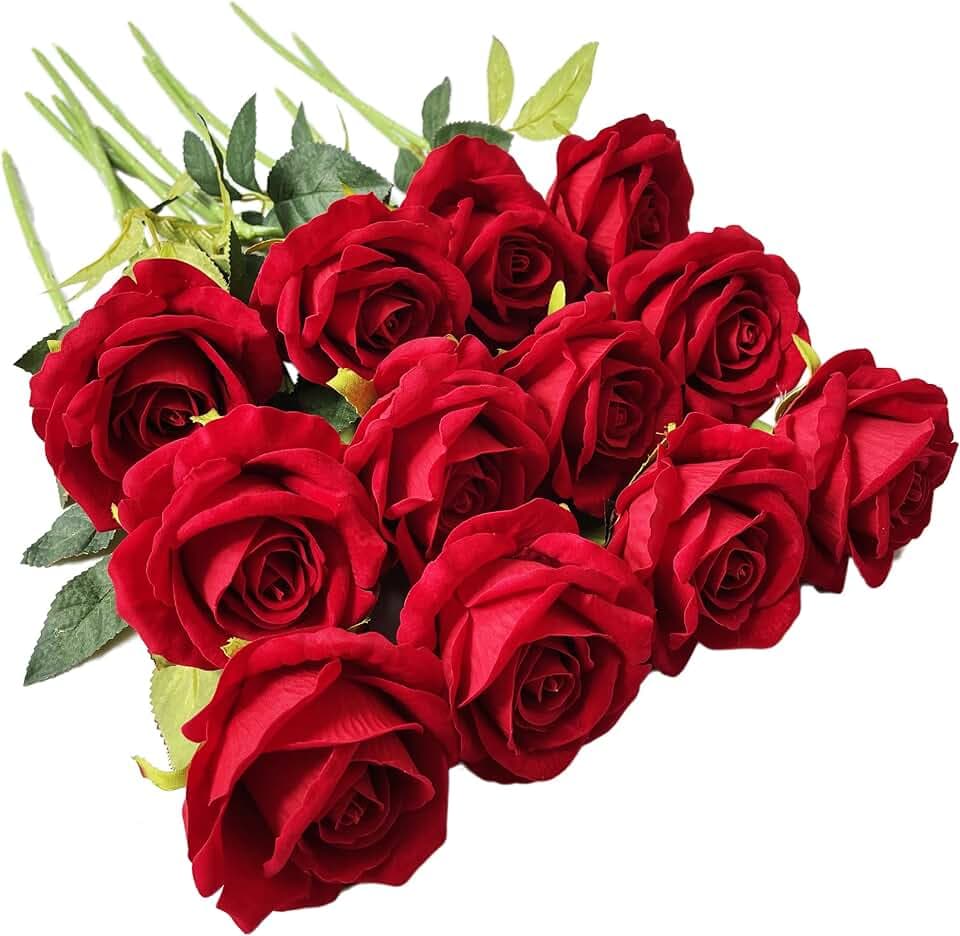 UKELER 12 Pcs Artificial Rose Flowers Red Blossom Rose Flowers Real Touch Silk Faux Roses with Stem Rose Bouquets for Home Decoration Wedding Party Garden Floral Decor