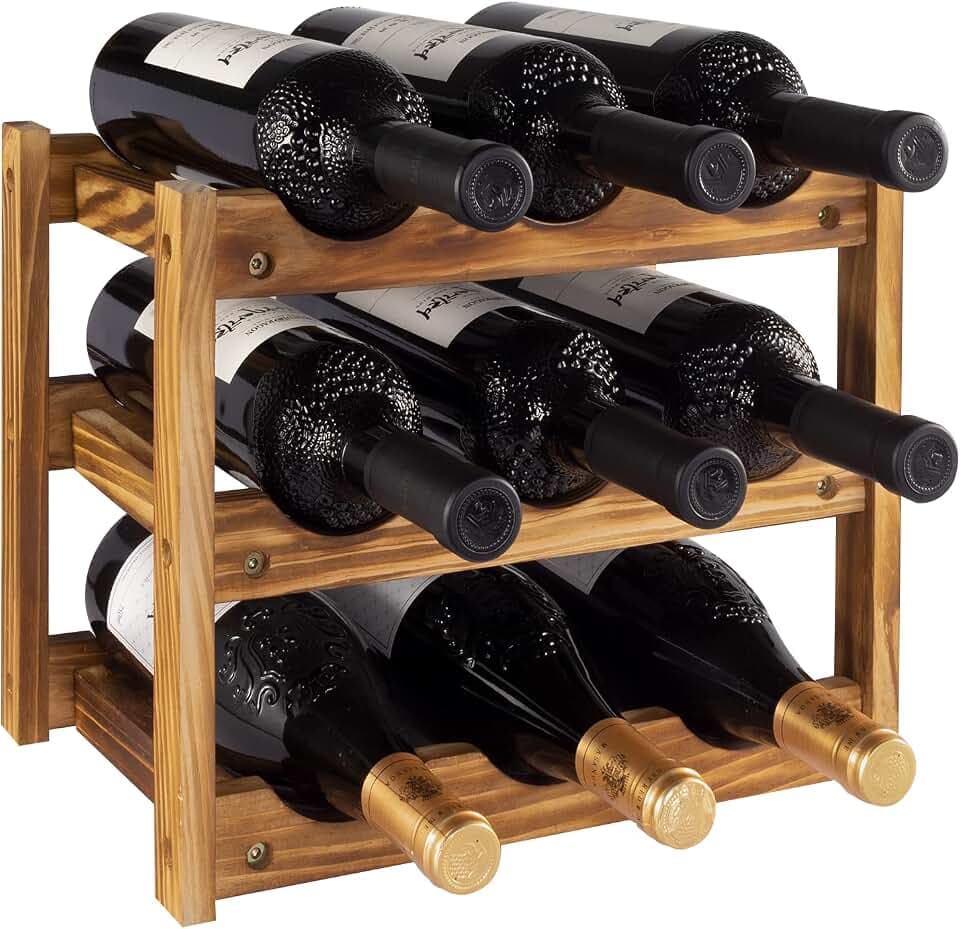 Niep Wine Rack 9 Bottle 3-Tier Wood Wine Storage Easy-Assembly Space-Saving for Wine Lovers,Kitchen Wine Organizer for Countertop,Table Top,Pantry, Home,Room Decor,Bar,Cellar Basement (3-Tiers)