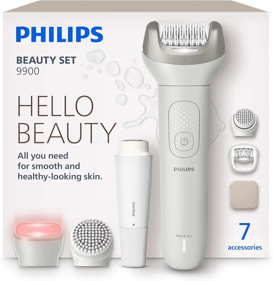 Philips Beauty Set - All-in-One Set for Body and Face, Cordless Wet and Dry Use, for Hair Removal, Body and Skincare, Epilator with 7 Accessories, Model BRE738/00