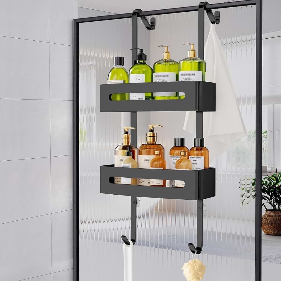 Ajex Duschablage zum Hängen, Duschregal ohne Bohren Edelstahl Badezimmer Organizer Shampoo Halterung Duschkorb Halterung Shower Shelf Mit 4 Haken und Zwei Körbe (Schwarz)