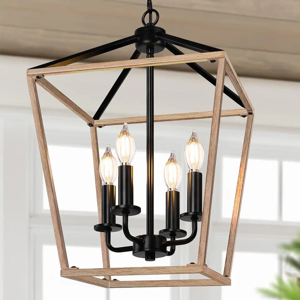 Wood Farmhouse Chandelier, 4-Light Foyer Lighting Fixtures for Dining Room