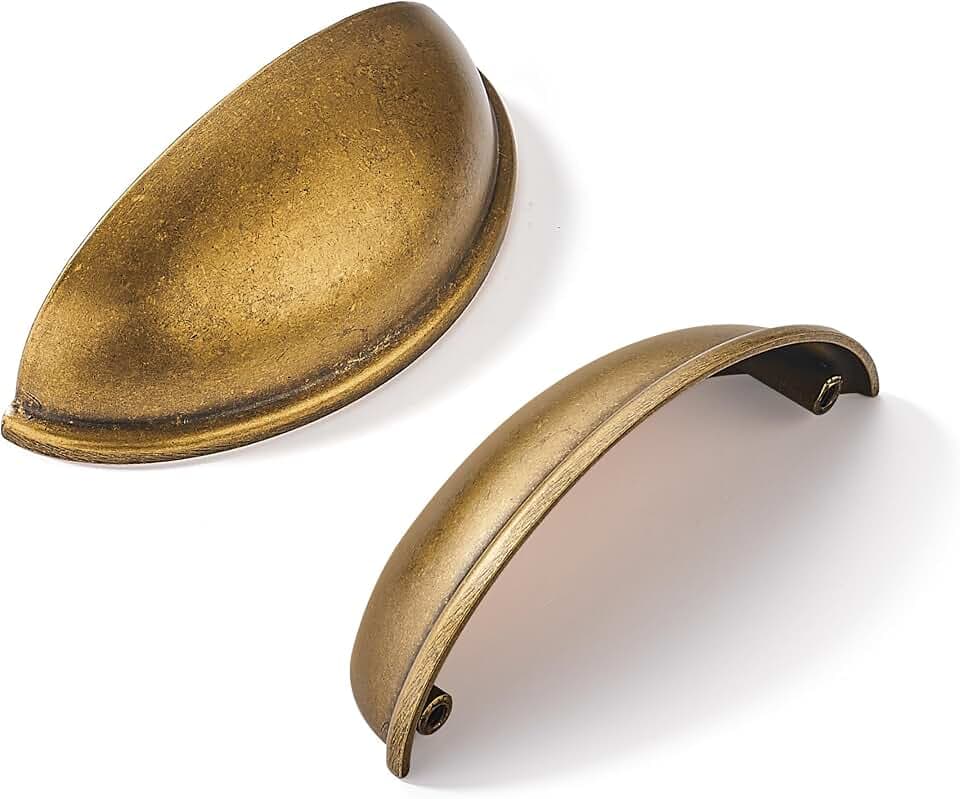 khtumeware 10 Pack 3" Antique Brass Drawer Pulls Cabinet Cup Pulls Vintage Kitchen Hardware Cabinet Handles Drawer Handles Knobs 3 inch Hole Center