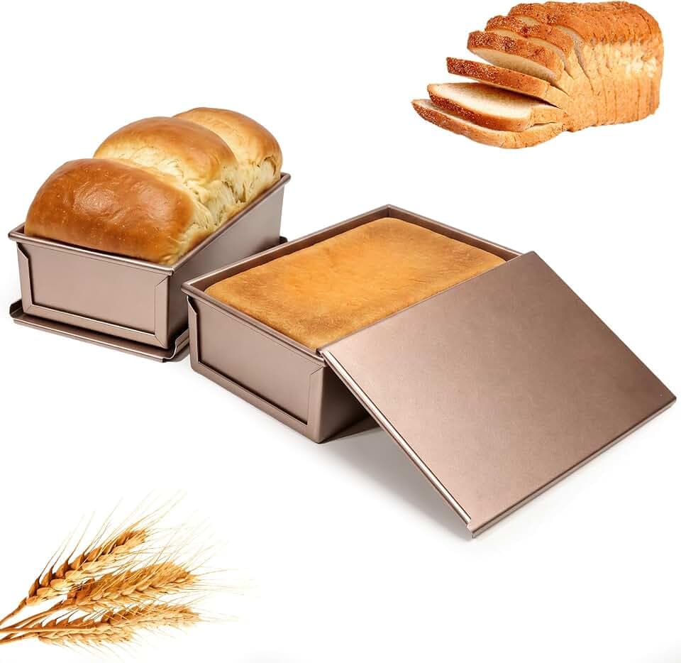 Cozary 2 Stück Brotbackform mit Deckel, Antihaft Toastbrot Backform mit Deckel, Carbonstahl, Hitzebeständig bis 220°C, Brot Toastform für Brot, Kuchen & Gebäck, Gold