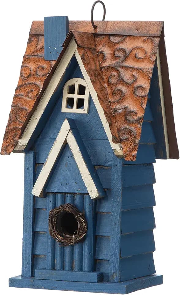 Glitzhome Vintage Hanging Birdhouse - Retro Blue Distressed Wooden Cottage Garden Bird House for Small Birds Garden/Patio Rustic Decor (12" H)