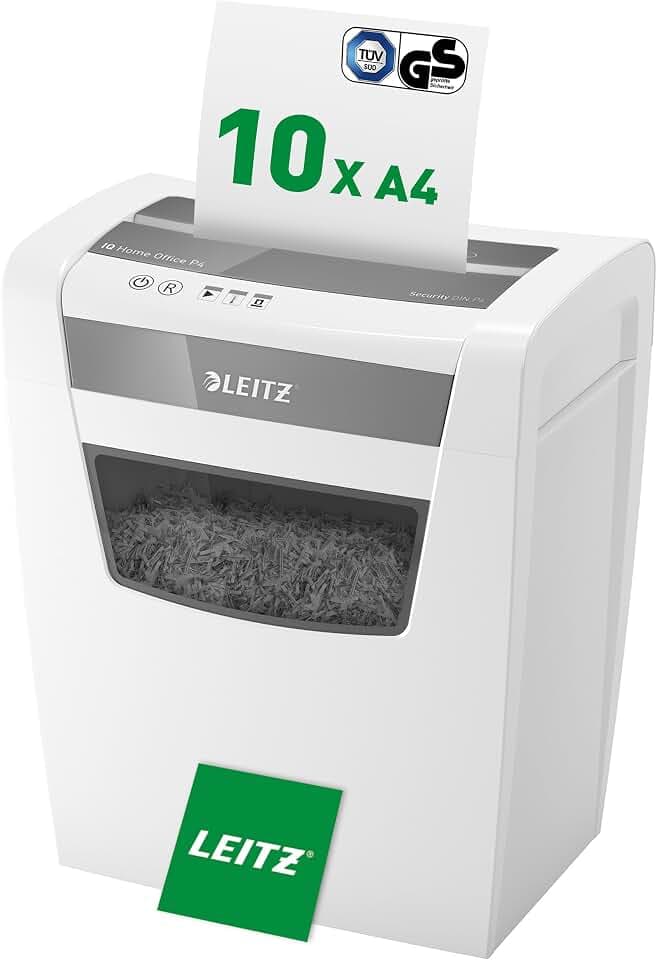 Leitz IQ Aktenvernichter, 12-10 Blatt (70-80 g/m²), TÜV+GS Zertifiziert | Partikelschnitt, Sicherheitsstufe P4, Die Nummer 1 am Markt, 23L Behälter, Schredder für Office, Home Office, Weiß, 80090000