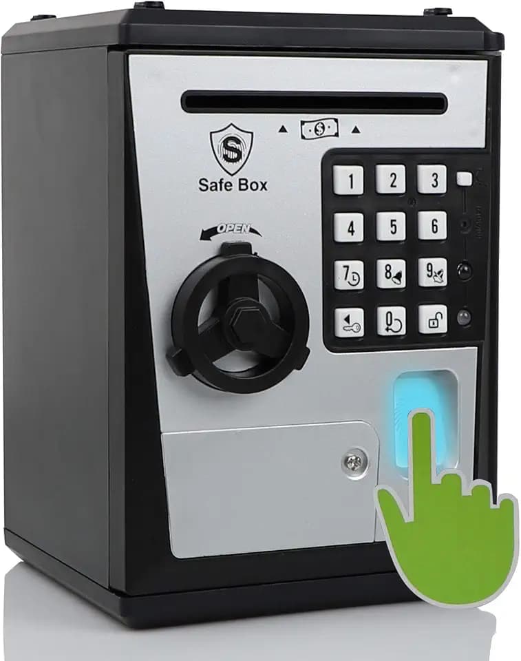 Kids Safe Bank with Fingerprint Password Talking ATM Piggy Bank for Real Money Toy Gift for 6-14 Years Old Boys Girls (Black/Silver)