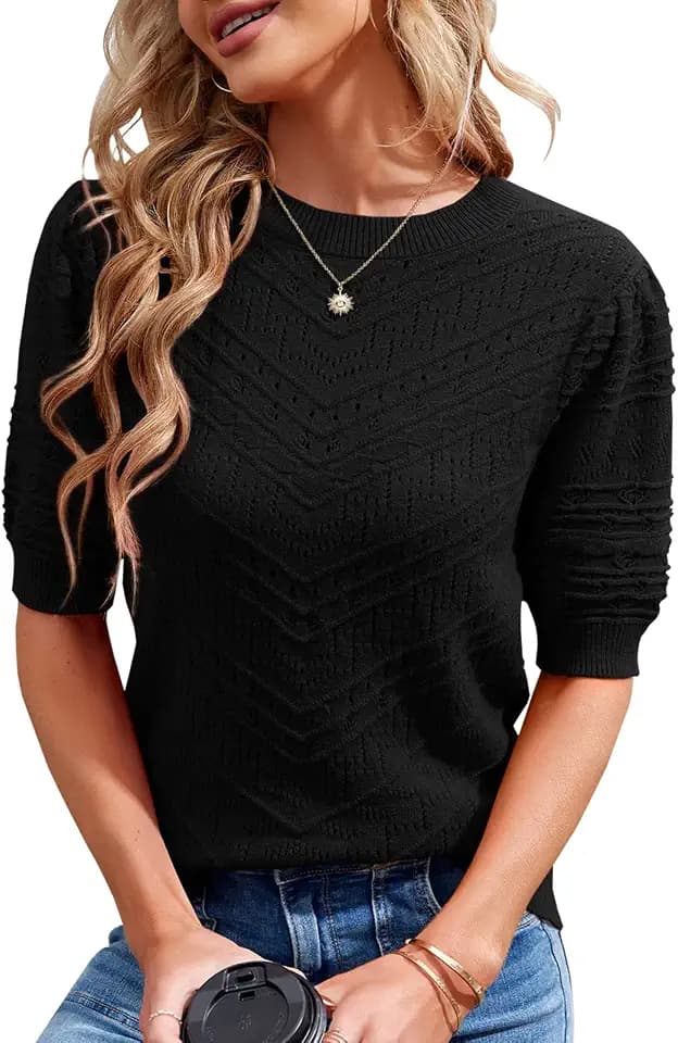 Runcati Damen Kurzarm Strickpullover Casual Rundhals Puffärmel Elegante Einfarbige Sweateshirt Pullover