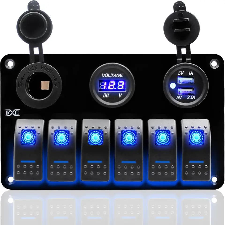 FXC 12 Volt Aluminum Marine Boat Rocker Switch Panel Waterproof 6 Gang Toggle Switch Panel Blue LED Lighted for Car Truck RV UTV ATV with USB Cigarette Lighter Socket Voltmeter