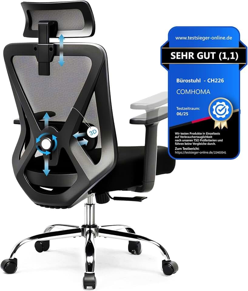 COMHOMA Bürostuhl Ergonomisch [TESTSIEGER], Schreibtischstuhl mit 3D-Kopfstütze & 3D-Lendenwirbelstütze, verstellbare Armlehnen, Office Chair mit Wipp- und Kippfunktion