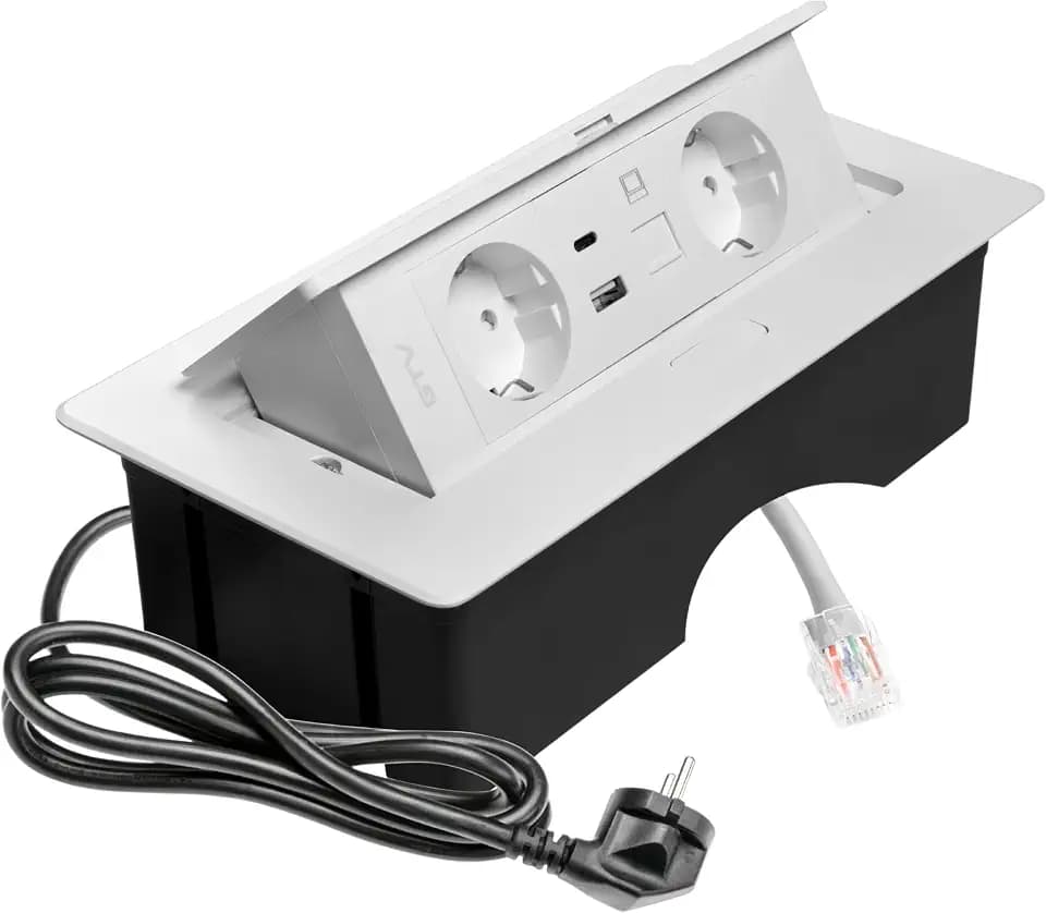 GTV – Einbausteckdose MULTISOFT weiß mit 2x Schuko, USB A+C, RJ45, versenkbar mit Abdeckung, 1,5 m Kabel, ideal für Schreibtisch, Konferenztisch oder Küchenarbeitsplatte