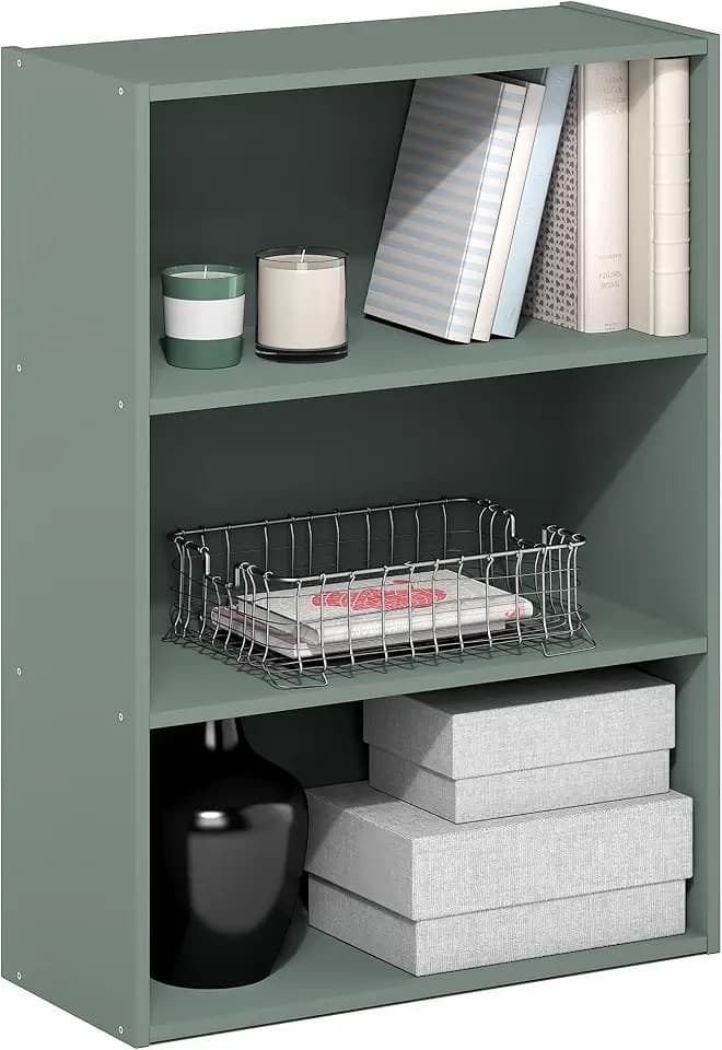 Furinno PASIR Book Shelf, 3-Tier Bookshelf, Storage Shelves Bookcase, 9.7 x 23.7 x 31.5, for Living Room, Bedroom, Home Office, Sage Green