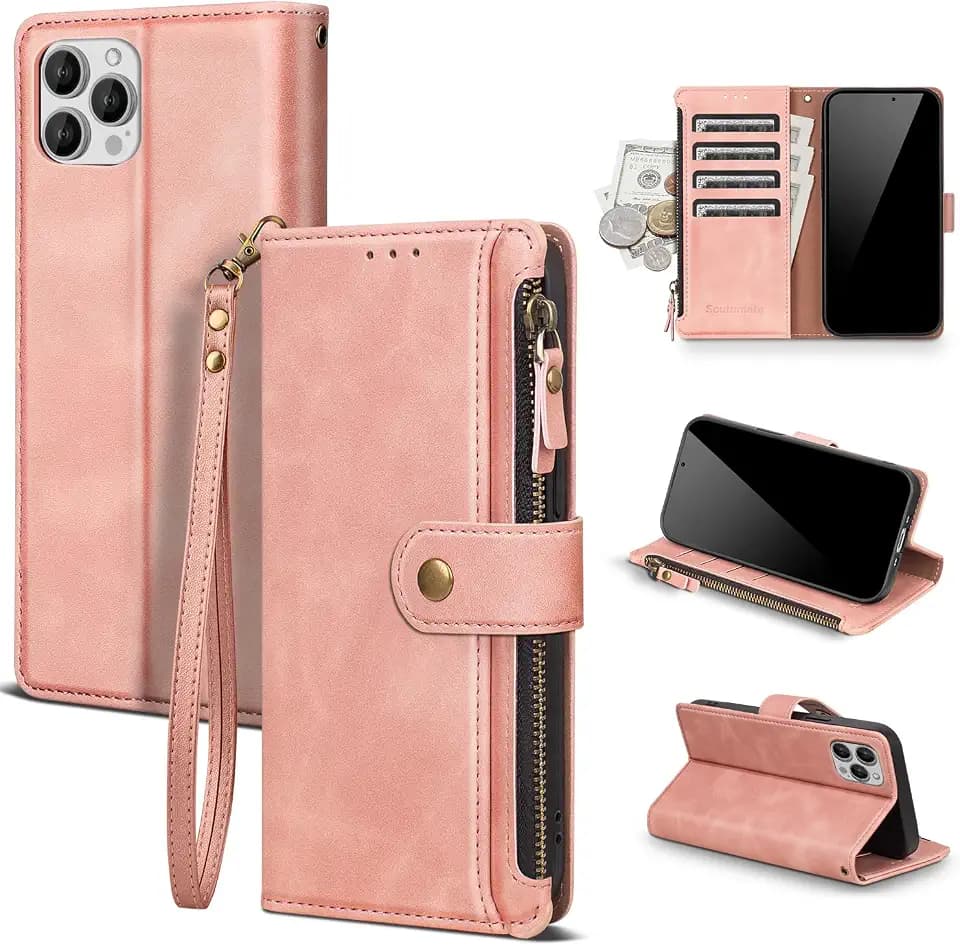 for iPhone 14 Pro Wallet Case with Card Holder,Rose Pink