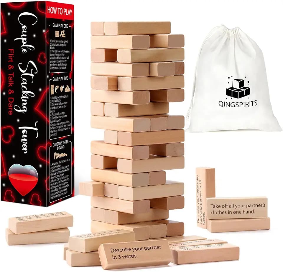 Super Fun Tumble Tower Game for Couples Adults Valentines Gifts, 54pcs Exciting Date Night Stacking Wooden Blocks Talking Challenge Dare Romantic Anniversary Games for Your Partner, Only Grown Ups 17+