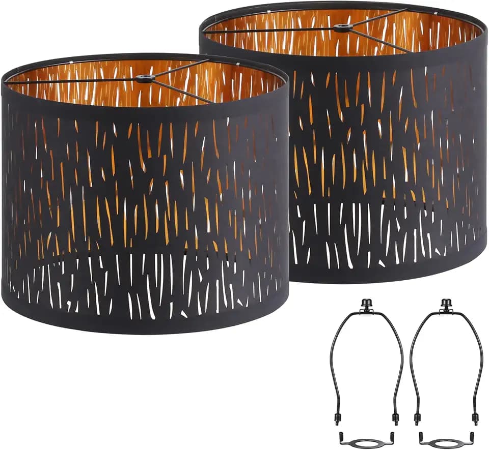 Black Lampshades Set of 2, Drum Lamp shade with Hollow-carved Design