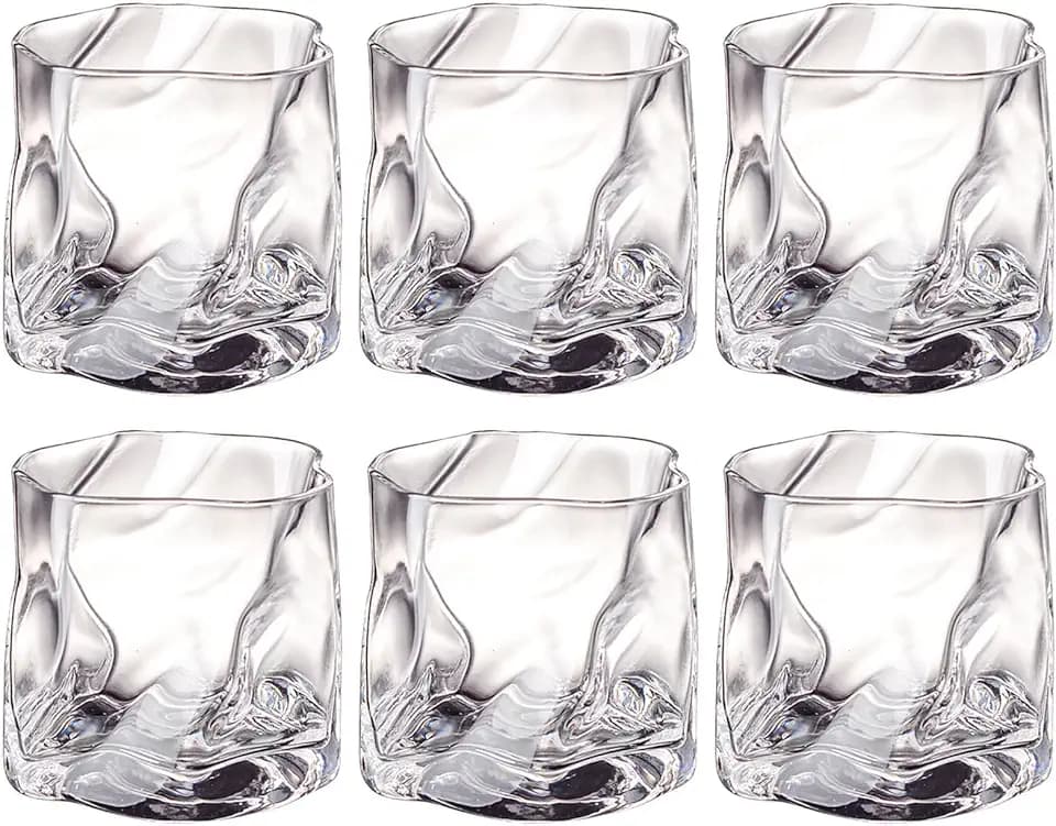 LOITTAINUE Gläser Set 6 Teilig 200ml - Unregelmäßiges Kristall Whiskeygläser - Trinkgläser Eiskaffeegläser Cocktailgläser Longdrinkgläser Wasser Tee Kaffee Saft - Spülmaschinenfest (Transparent)