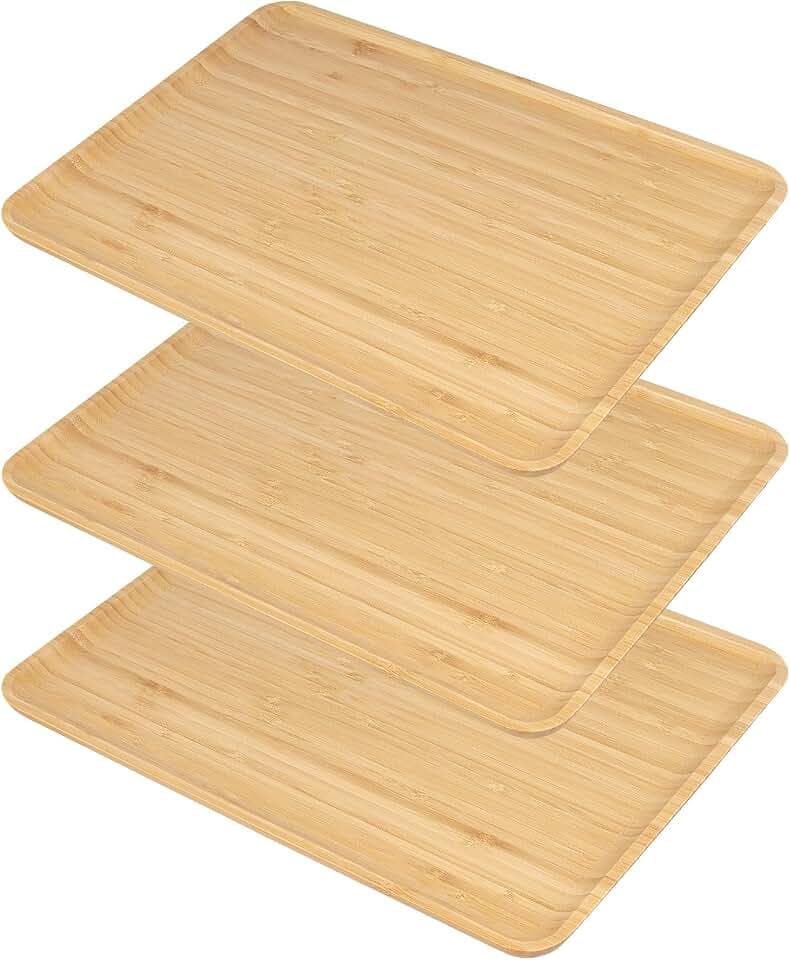 SHEUTSAN 3 Pack 15.7 x 11.8 x 0.6 Inch Bamboo Serving Tray, Large Rectangular Wooden Platter for Coffee Cheese Entertaining