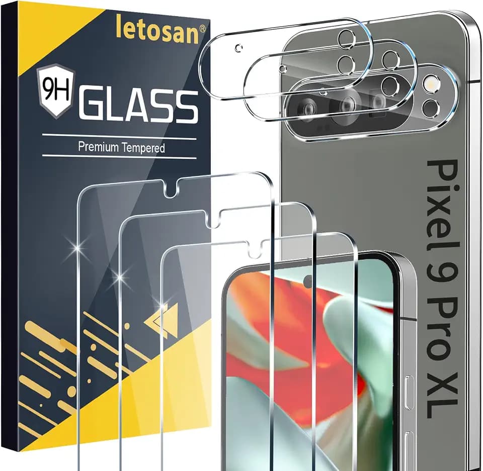 letosan 3 Pack for Google Pixel 9 Pro XL Screen Protector Tempered Glass + 3 Pack Camera Lens Protector, Military Grade Shatterproof, 9H Hardness, Fingerprint Unlock,Case Friendly 6.8 Inch