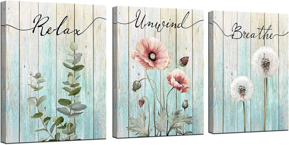 iHAPPYWALL 3 Pieces Botanical Bathroom Wall Art Relax Unwind Breathe Rustic Farmhouse Wooden Signs for Bathroom Home Spa Room Decor Ready to Hang 12x16inchx3pcs