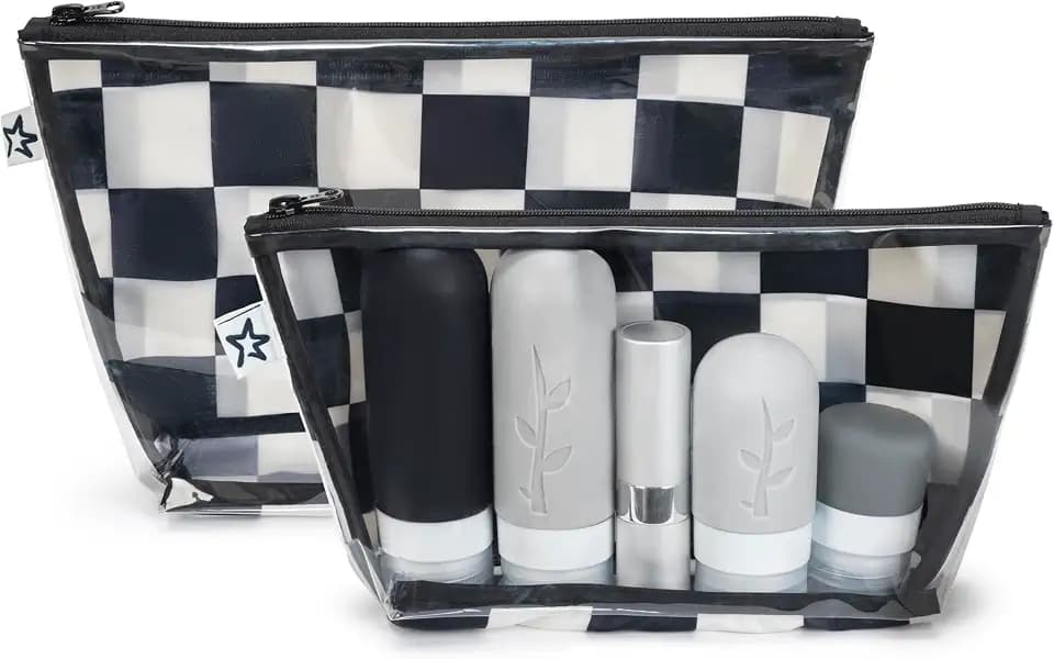 Tiny Twinkle Diaper Bag Organizing Pouches | 2 Pack Mess-Proof Travel Organizer Bags with Structured Bottom & Clear Front | TSA Approved Toiletry Bag Set for Baby and Mom Essentials (Black Checkers)