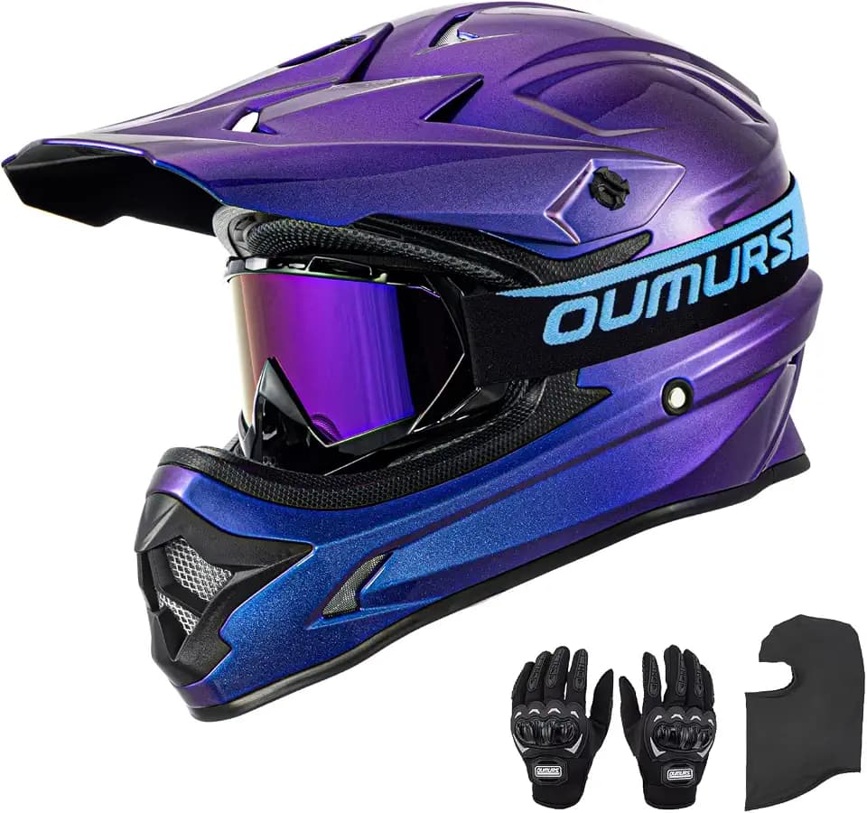 OUMURS DOT Adult ATV Dirt Bike Helmet with Goggles Gloves & Mask Adjustable Sun Visor Motorcycle Adults Helmet Off-Road Motocross Downhill Moped MX for Unisex-Adult-Chameleon Purple , L