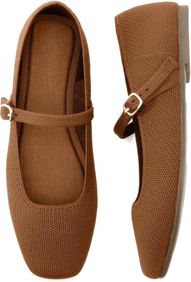 Soesyi Knit Flats for Women Square Toe Flats Casual Ballet Flats with Ankle Strap,Mary Jane Shoes Women Comfortable for Dressy Office