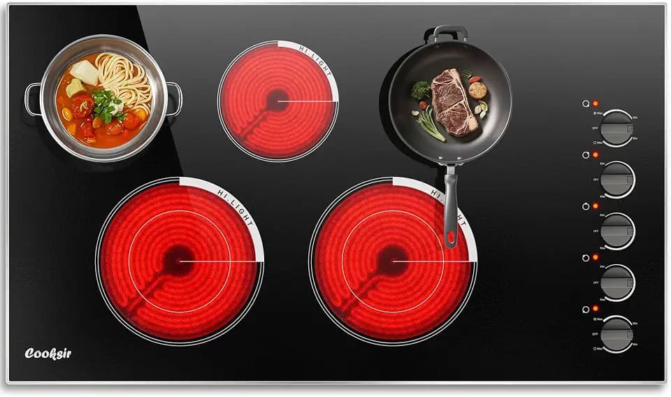 34.25 Inch Electric Cooktop(Cut-out Size: 34.25"x19.3") - 36 Inch Built-in 5 Burner Electric Stove with 8400W High Power, 36" Large 5 Zones Radiant Ceramic Stove Knob Control, 220V Hard Wired