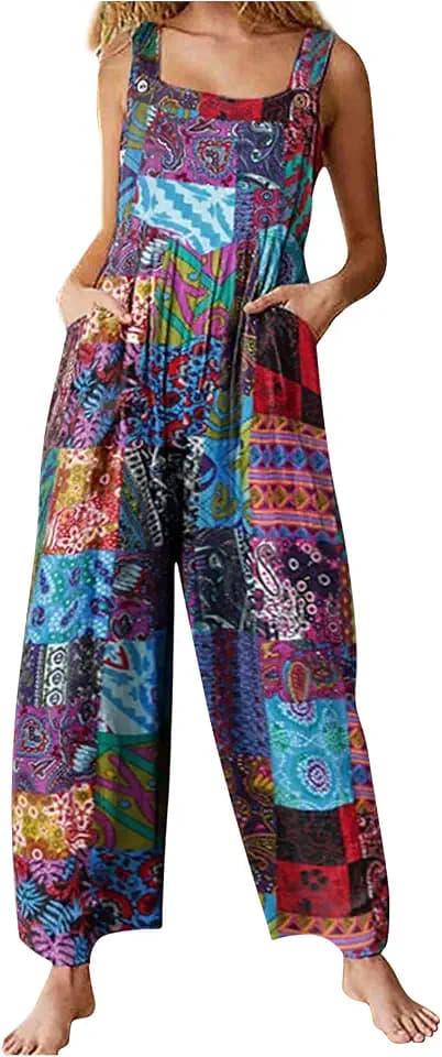 Nicoxijia Women Patchwork Dual Pocket Jumpsuit Summer Wide Leg Bib Suspender Overall Rompers Sleeveless Floral Bohemian Pants