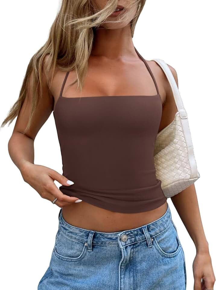 REORIA Women's Square Neck Halter Backless Crop Tank Top